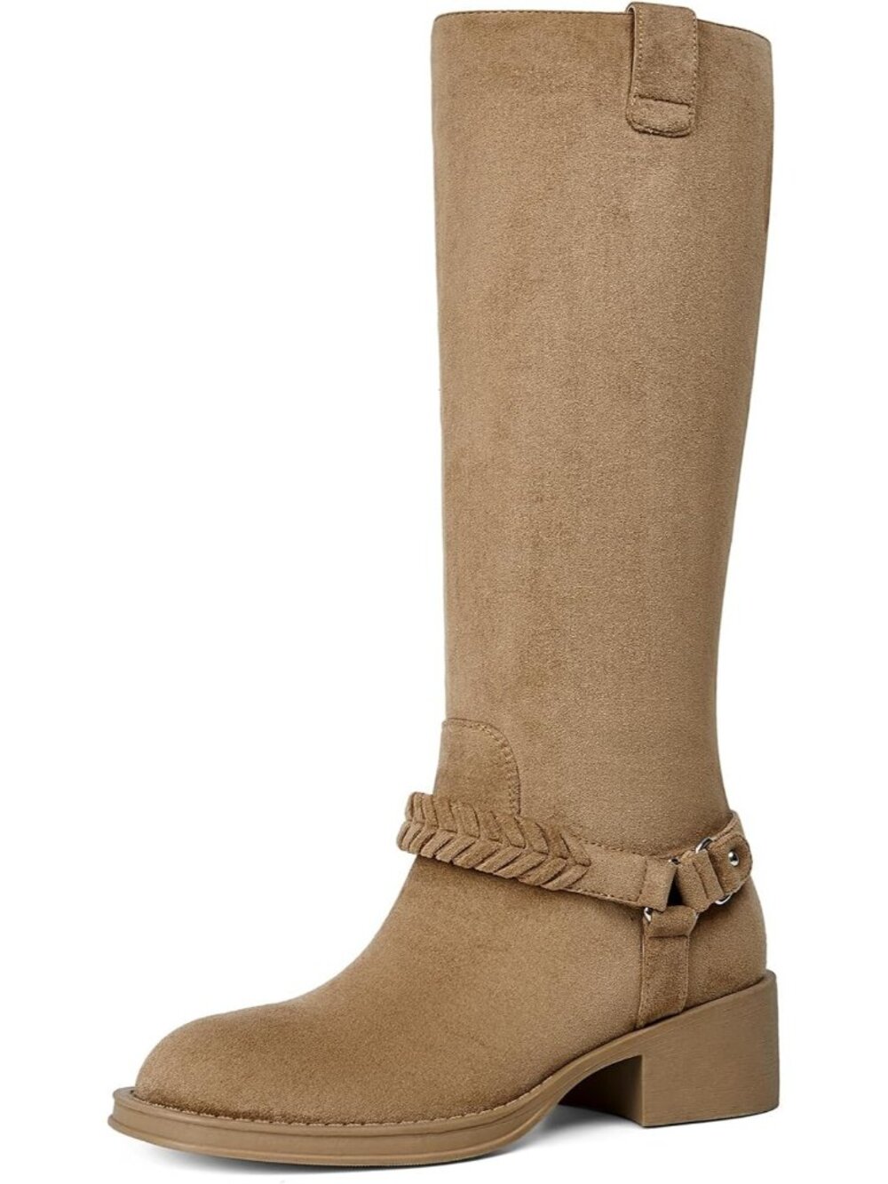 Women's Nude Braided Strap Round Toe Pull On Chunky Block Heel Knee High Boots